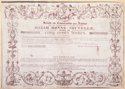 Részvényjegy 500 frank értékben a Bazar Bonne-Nouvelle számára, 1836 alkotó: French School
