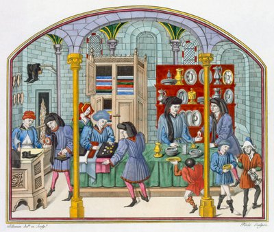 Boltok egy fedett piac alatt, Nicolas Oresme (kb. 1323-82) Arisztotelész Etika és politika című művének 14. századi fordításában készült miniatűr alkotó: French School