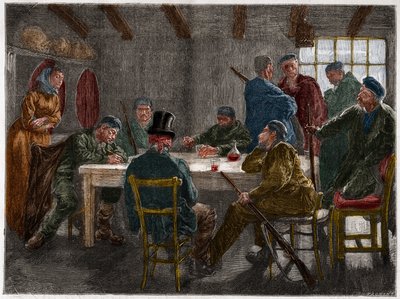 Szicíliai maffia a 19. században: Szicíliai maffiózók által 1873-ban eltörölt földbirtokos kihallgatása. Metszet 1873-ból. alkotó: French School