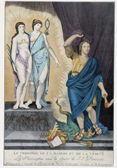 Siecle des Lumieres: „Az értelem és az igazság diadala”: Jean Jacques Rousseau alakja alatt a filozófia felfedezi az univerzum számára az értelmet és igazságot, amelyet a tévedés és a hazugság eltakar, amelyet egy sárkány és a pápaság attribútumai képvisel alkotó: French School