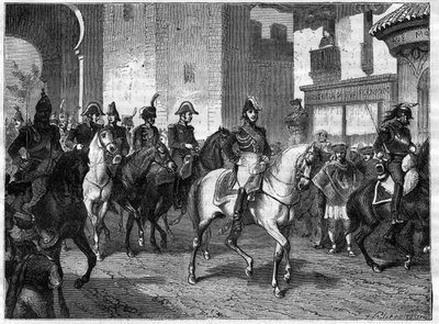 Valencia ostroma és elfoglalása a francia hadsereg által a Birodalom marsalljának, Suchet grófnak a parancsára 1812. július 9-én - Louis Gabriel Suchet marsall bevonulása Valenciába 1812-ben - „A birodalom története a konzulátus történetét követve” c. Adol alkotó: French School