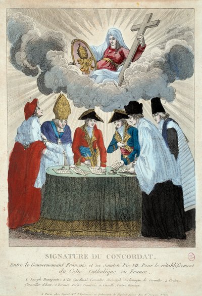 Az 1801. évi konkordátum aláírása 1801. július 15-én: a francia kormány (itt Joseph Bonaparte képviseletében) és a Saint Siege (amelyet Consalvi bíboros képvisel VII. Pius pápának) között írják alá. 1801 Párizs, Musee Carnavalet alkotó: French School