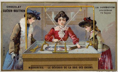Selyem gyártás. A szálak felpörgetése egy orsóra (chromolitho) alkotó: French School