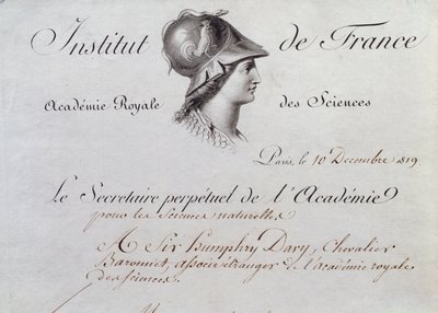 Sir Humphry Davy (1778-1829) tagsági bizonyítványa az Institut de France-hoz, 1819. december 10. alkotó: French School