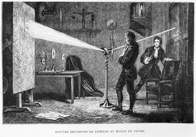 Sir Isaac Newton (1642-1727) a fényt prizmán keresztül töri meg, illusztrációja Louis Figuier La Vie des Savants Illustres című művéből, 1868 alkotó: French School