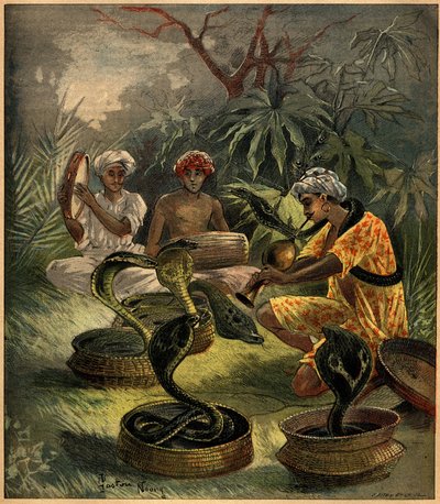 Kígyóbűvölő (kobrák) Indiában. Metszet a „La Terre Illustree”-ben, 1892. augusztus 18-i 94. sz. alkotó: French School