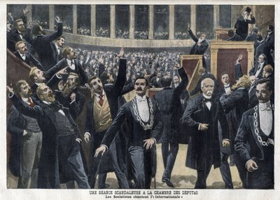 A szocialisták a The Internacionálét éneklik a franciaországi képviselőkamarában egy ülés közepén Georges Clemenceau (1841-1929) jelenlétében – „Le Petit Journal”, 1909. május (metszet) alkotó: French School