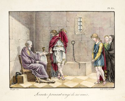 Szókratész búcsút vesz a barátaitól, kocsma. Engelmann, 1835 körül (kézzel színezett metszet) alkotó: French School