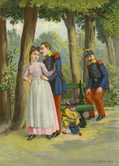 Katona közeledik a szobalányhoz a parkban (chromolitho) alkotó: French School