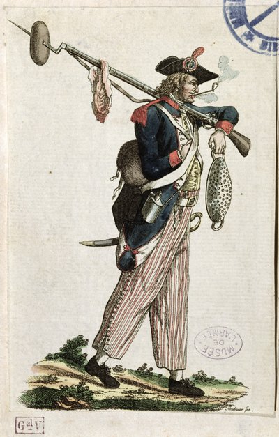 A francia forradalom katonája bajonettet cipel, amelyhez egy vekni kenyér és egy darab hús van rögzítve: LAn 11 1794 alkotó: French School