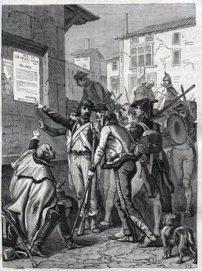 Katonák, az Ön igényei nagyok: francia katonák felolvassák Bonaparte tábornok 1799. novemberi kiáltványát - 1865-ös metszet Louis Adolphe Thiers „Histoire du Consulate et de l
