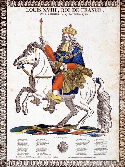 Ének XVIII. Lajos francia király tiszteletére, a király lovas portréjával illusztrálva (metszet) alkotó: French School