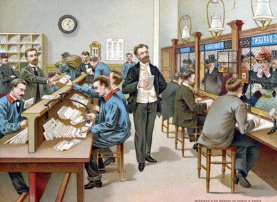Postaválogatás egy párizsi postahivatalban, illusztráció a postahivatal naptárából, 1904 alkotó: French School