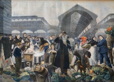 Levesstand a Les Halles-i piacon reggel, illusztráció a "Le petit Journal"-ból, 1897. március 2. - la soup aux Halles le matin Párizsban - Fortune-Louis Meaulle metszete Jean Jacques Rousseau (1861-1911) nyomán alkotó: French School
