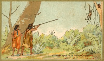 Dél-amerikai indiánok, akik majmokra vadásznak fúvócsővel (chromolitho) alkotó: French School