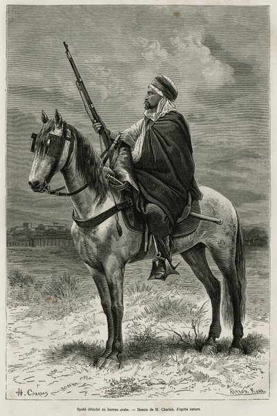 Spahi, hatékony lovas és rettegés, aki hozzájárul Algéria meghódításához, Franciaország szolgálatában, az arab irodában vonul ki, H. Charles rajza után metszet, hogy illusztrálja A. Heron Tebessa és emlékei (Algéria) című történetét. de Villefosse, alkotó: French School