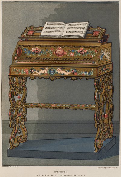 Spinet Conti hercegnő címerével, illusztráció Henry Havard Dictionnaire de lameublement et de la dekorációjából, 2. kötet, 26. tábla, Paris, Maison Quantin, 1878 (színes litho) alkotó: French School