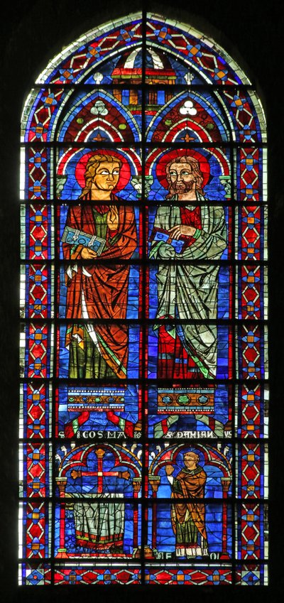 Szent Kozmosz és Szent Damien; Geoffrey adományozó pap (w120) alkotó: French School