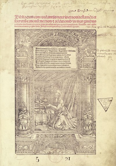 Szent Jeromos a Studiolo című művében, egy Biblia címlapja, J. Marion, Lyon, 1521 alkotó: French School