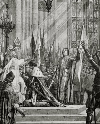 Szent János Ark (1412-31) VII. Károly koronázásán (reg.1422-61) 1429-ben (metszet) alkotó: French School