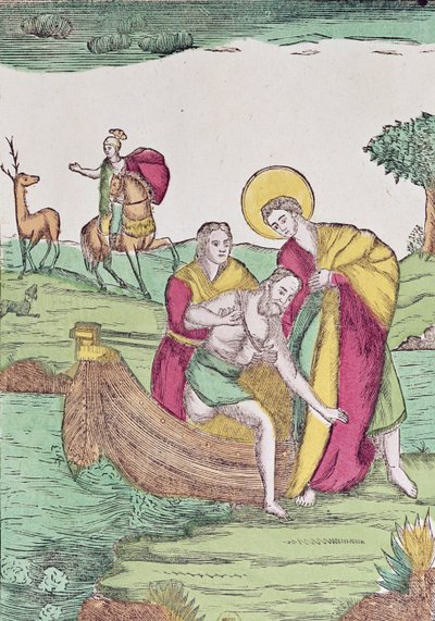 St. Julian the Hospitaller, aki egy utazót segít át a folyón alkotó: French School