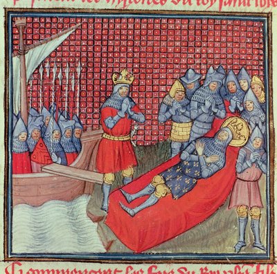 Szent Lajos pestisben hal meg 1270. augusztus 25-én a Tunisz elleni keresztes hadjárat során, a „Grands Chroniques de France” (vellum) kéziratból. alkotó: French School