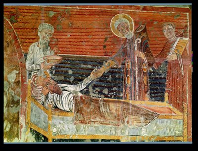 Szent Severinus († 507) a Chateau-Landon templomban meggyógyította I. Clovis (465-511) másolatát egy 12. századi eredetiről (lásd még: 240221) alkotó: French School