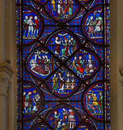 A Chartres székesegyház ólomüvege: részlet Szent Tamás életéből alkotó: French School
