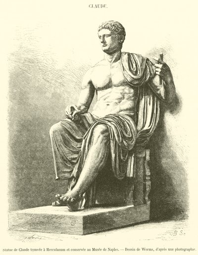 Claudius szobra, amelyet Herculaneumban találtak és a Nápolyi Múzeumban őriznek (metszet) alkotó: French School