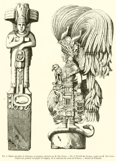 Palenque monolit szobra, porfírban; Yucatan istensége (metszet) alkotó: French School