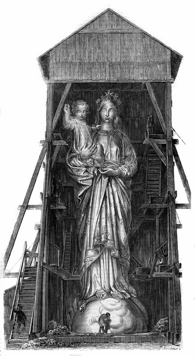 Notre Dame de France szobra Puy en Velay-ben (Puy-en-Velay) Haute Loire-ban (43): a Sebastopolban vett kanonok vasából kiolvasztandó szobor modellje. A szobor 1860-ban készült el, és 16 méter magas volt. Egy fényképről. Metszet „” Le alkotó: French School