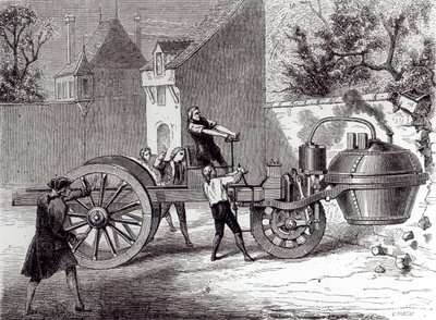 Gőzmeghajtású autó, amelyet Nicolas Joseph Cugnot (1725-1804) talált fel 1771-ben, 1886-ban alkotó: French School