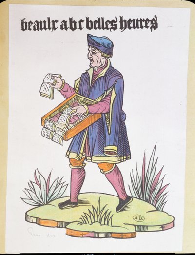 Utcai árus, aki ábécés alapozókat és könyveket árul, Cris de Parisból, 1515 körül (színes fametszet) alkotó: French School