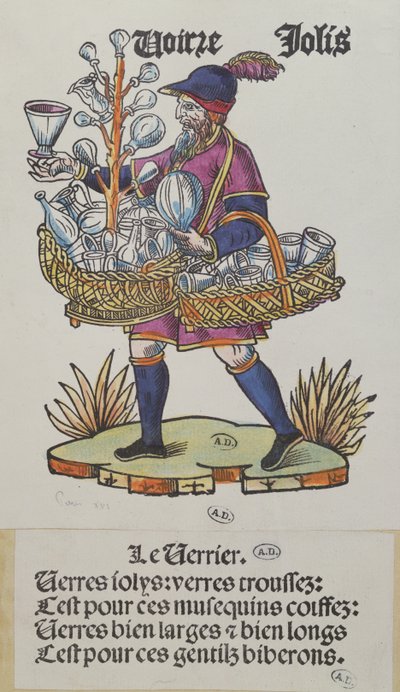 Utcai árus üvegárut árul, Cris de Parisból, 1515 körül (színes fametszet) alkotó: French School