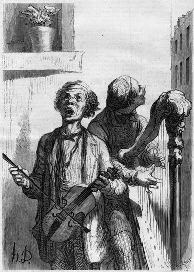Utcai énekesek. Honore Daumier (1808-1879) rajzfilmje. Metszet a „” Le Monde Illustré”” 297. számában, 1862. december 20. alkotó: French School