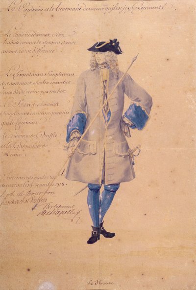 Tanulmány a Le Havre-ban állomásozó tengerészgyalogos egyenruhájáról, 1718 (ceruza, testszín és wc barna papíron) alkotó: French School