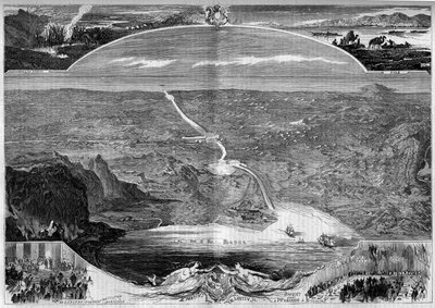 Szuezi-csatorna: panorámás kilátás a Szuezi-szoroson (Egyiptom) lévő lyukra, amelyet 1859-ben kezdtek el építeni. Morin metszet a „” The Illustrous World”” 84. számában, november 20. alkotó: French School