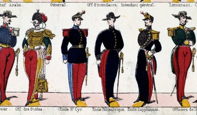 Öltönyök az idegenvezetők, a Saint Cyr iskola, a Polytechnique és az alkalmazási iskola tanulói számára. századi metszet. Párizs, Musee Carnavalet alkotó: French School