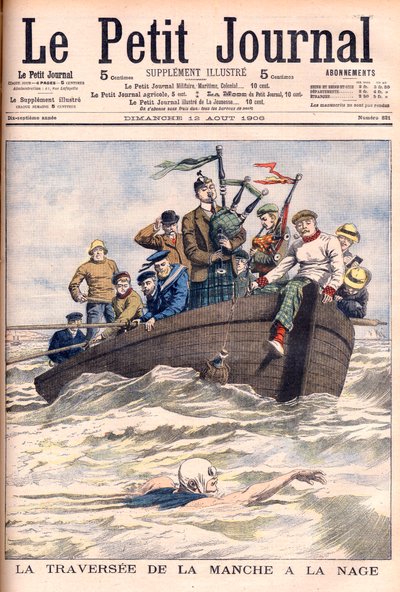 Úszás a La Manche csatornán. Az angol Jabez Wolffe 22 sikertelen kísérlete közül az első alkalommal úszta át a Csatornát. La traversee de la manche a la swim, Jabez Wolffe (1877-1943) - Illusztráció a Le petit Journal számára alkotó: French School
