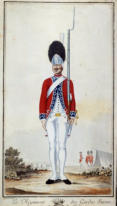 SwissGuard. 16. tábla a „”XV. Lajos alatti francia csapatok katonai egyenruháinak gyűjteményében”” 1779. évi litográfiája. Mérete 0,23x0,16 m. Párizs, Hadsereg Múzeum alkotó: French School