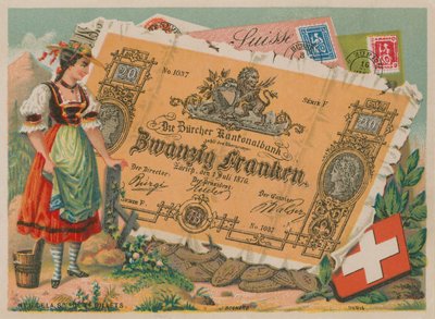 Svájci lány népviseletben és 20 frank bankjegyben alkotó: French School