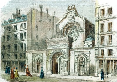 Zsinagóga a Rue de la Victoire-n, Párizs, 1880 körül (színes metszet) alkotó: French School