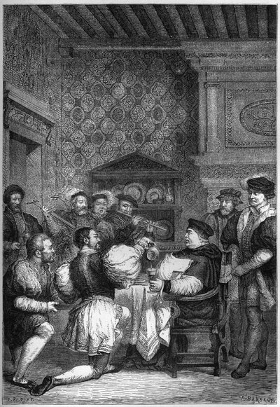 WOLSEY THOMAS CARDINAL (1475? -1530) NEMESEK ÉS URAK SZOLGÁLJÁK AZ ASZTALHOZ - THOMAS WOLSEY-t (1475? -1530) térden állva szolgálták fel legmagasabb rangú emberei - metszet: „L
