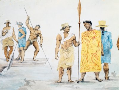 Tahiti főnökök beszállnak a Coquille-ba, Jules-Louis Lejeune terve, az Utazás a világ körül című film alapján alkotó: French School