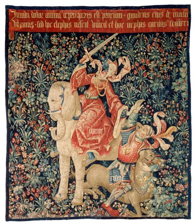 Mille-fleurs és az irigységet legyőző jótékonyságot ábrázoló gobelin (gyapjú és selyem) alkotó: French School
