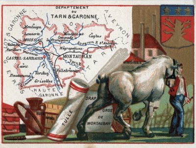 Tarn et Garonne (Tarn-et-Garonne, 82), Midi-Pyrenees (Midi Pyrenees), Franciaország. Helyi specialitás: olaj, keményítő, tüll, nagykereskedés Montauban lap, bor és lisztmalom. Sorozat a francia minisztériumokról. Kromolitográfia (Chromo) „”a földrajzi szál alkotó: French School