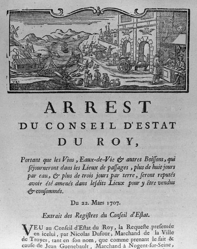 Adóhivatal a borok és szeszes italok városának bejáratánál, az Államtanács 1707. március 22-i rendelete a Párizsi Államtanács 1739. évi nyilvántartásaiból (lásd: 163952 alkotó: French School