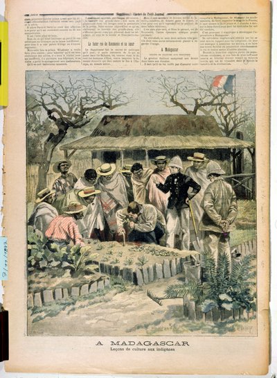 A termesztési módszerek tanítása Madagaszkár bennszülötteinek, a Le Petit Journalból, 1896. november 7. alkotó: French School