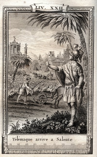 Teemaque visszatér Salentéba (Salento) – Monnet 1798-as metszete Francois de Salignac de La Mothe-Fenelon dit Fenelon „Les Aventures de Telemaque, fils d
