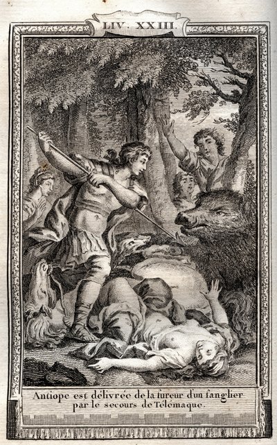A Telemaque egy vaddisznóból kihozza Antiopét – Monnet 1798-as metszete a „Les Aventures de Telemaque, fils d